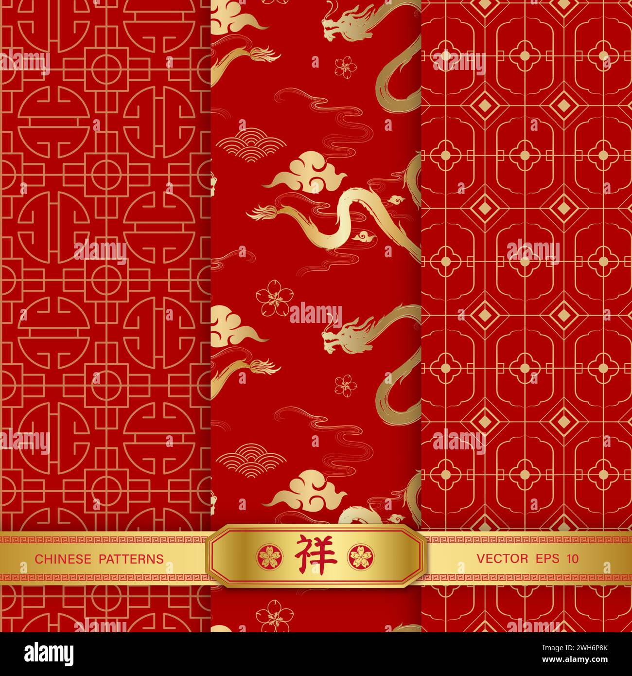 Festive Lunar Chinese new year seamless pattern red background collection set for year 2024 with dragon vector design, foreign language translation as Stock Vector