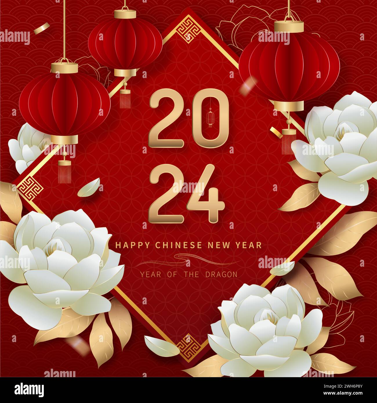 Red Chinese new year background for 2024 year of dragon decorated with peony flowers and hanging lanterns on oriental wave pattern, vector design Stock Vector