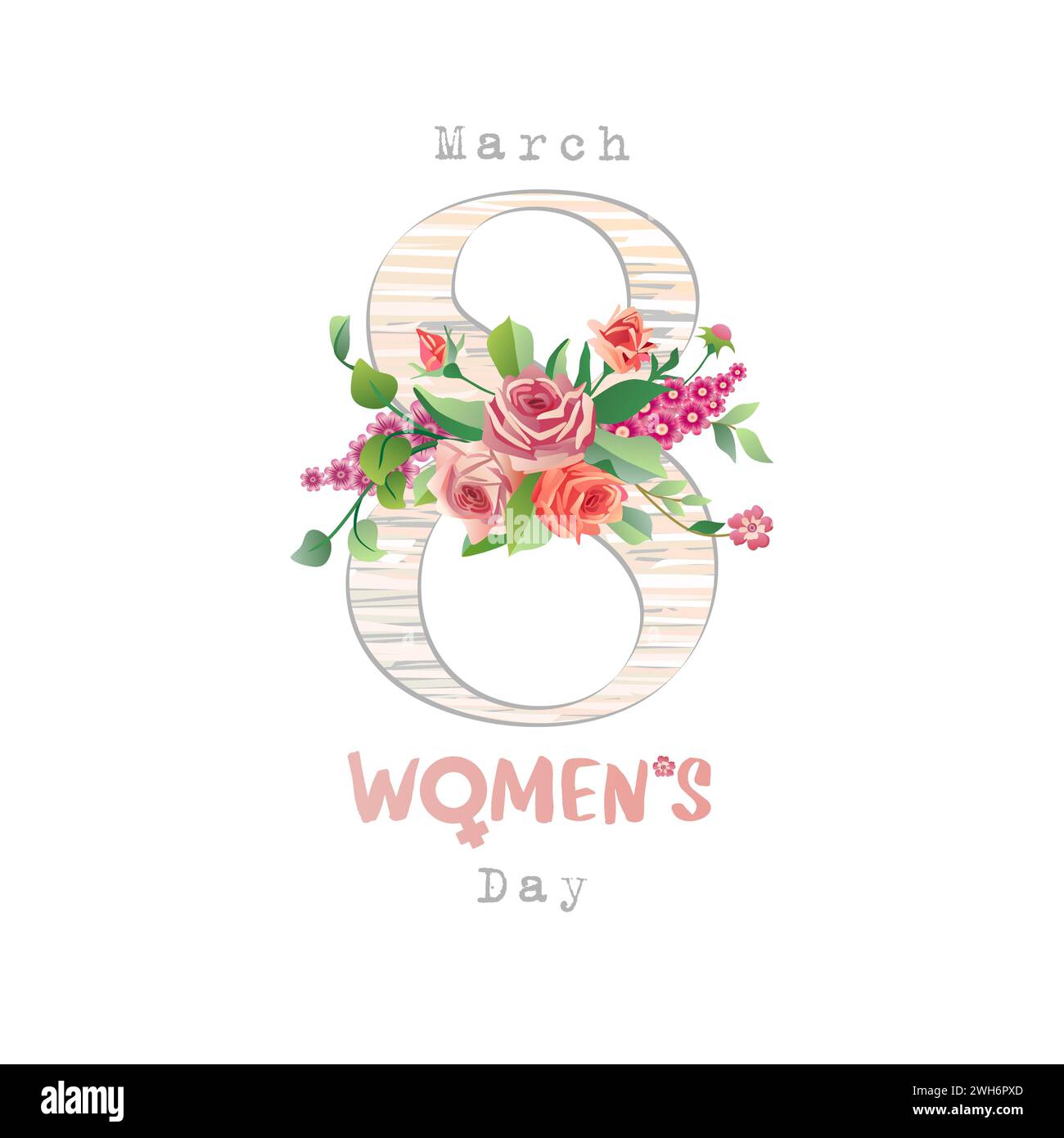March 8 Women's Day creative greeting card with handdrawn style symbol and vintage flowers and leaves. Calendar page with pink and red roses. Postcard Stock Vector