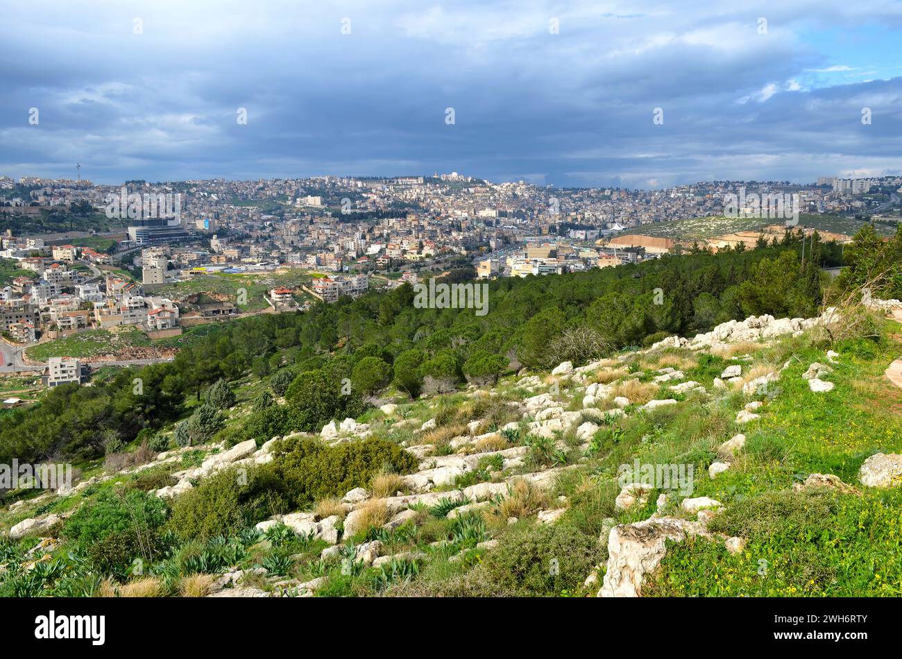 An areal View of Nazareth from Mount Precipice (Har Kedumim) , Israel Stock Photo