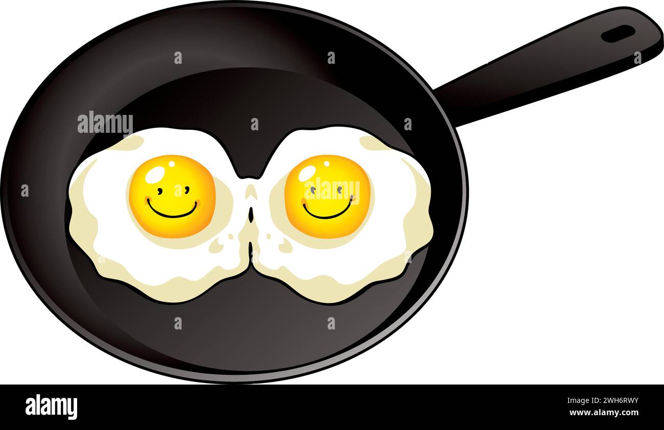 scrambled eggs from two eggs in a frying pan. Stock Vector