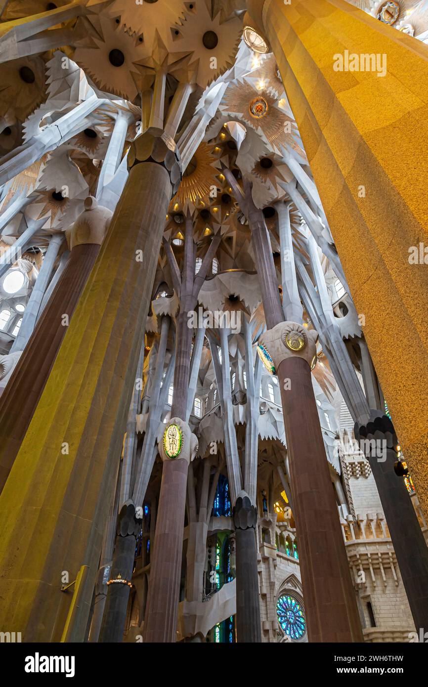 Barcelona, Catalonia, Spain-Feb. 28, 2022: Interior of the famous cathedral La Sagrada Familia designed by architect Antoni Gaudi. Stock Photo