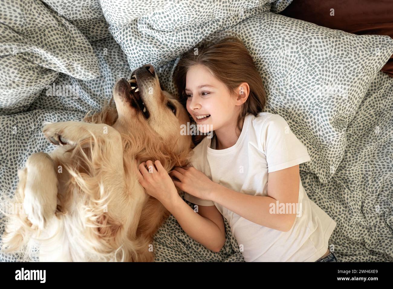 Cute Little Girl Playing With Golden Retriever Dog In Bed Stock Photo ...