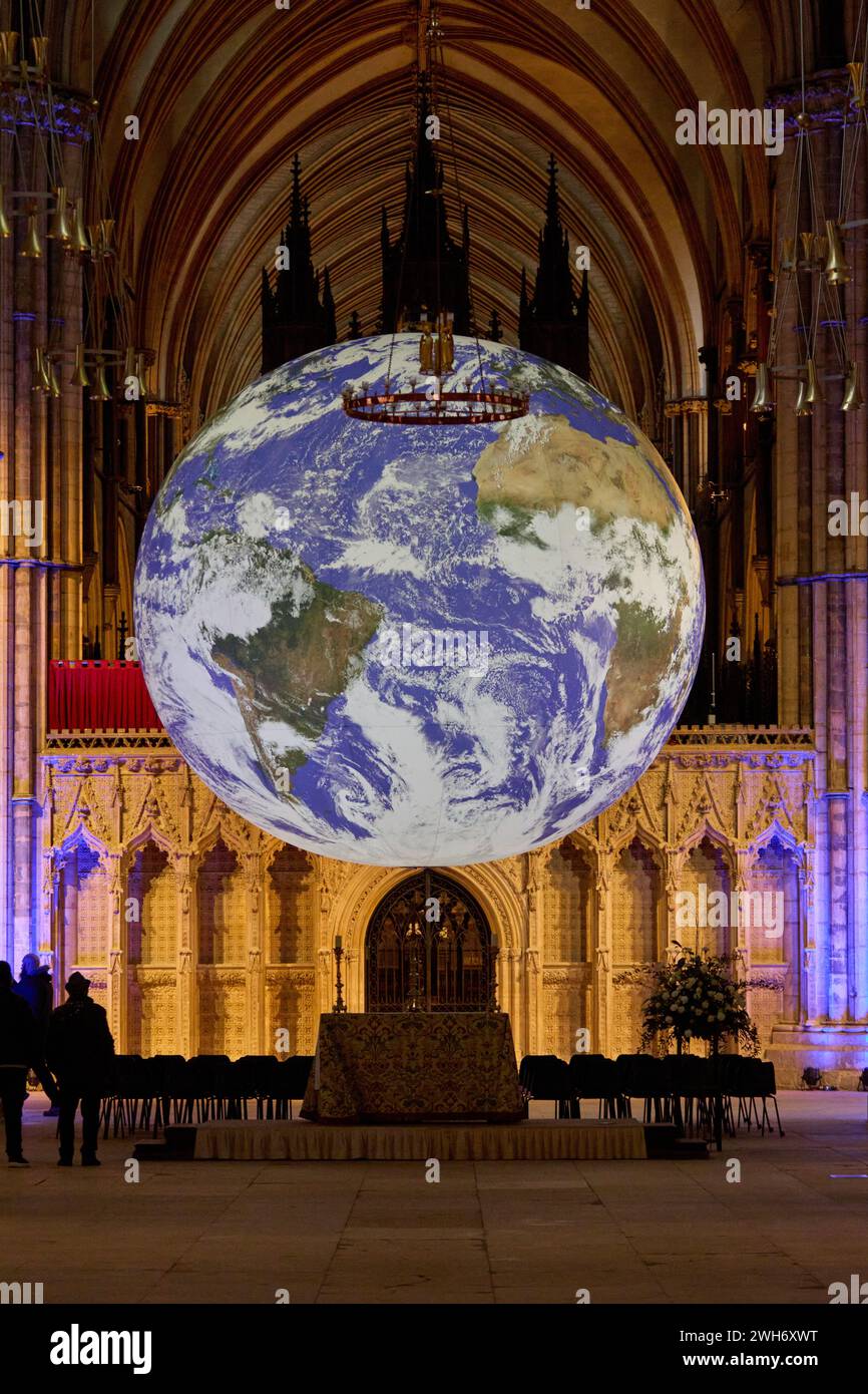 8th Feb, 2024. Lincoln Cathedral Gaia Measuring seven metres in diameter, Gaia provides the opportunity to see our planet floating in three dimensions in the vast space of Lincoln Cathedral’s Nave. Contemplate the wonder of life on earth and experience the Overview Effect; astronauts report a feeling of awe for the planet, a profound understanding of the interconnection of all life, and a renewed sense of responsibility for the environment. Monday 5 to Sunday 25 February Credit: Phil Crow/Alamy Live News Stock Photo