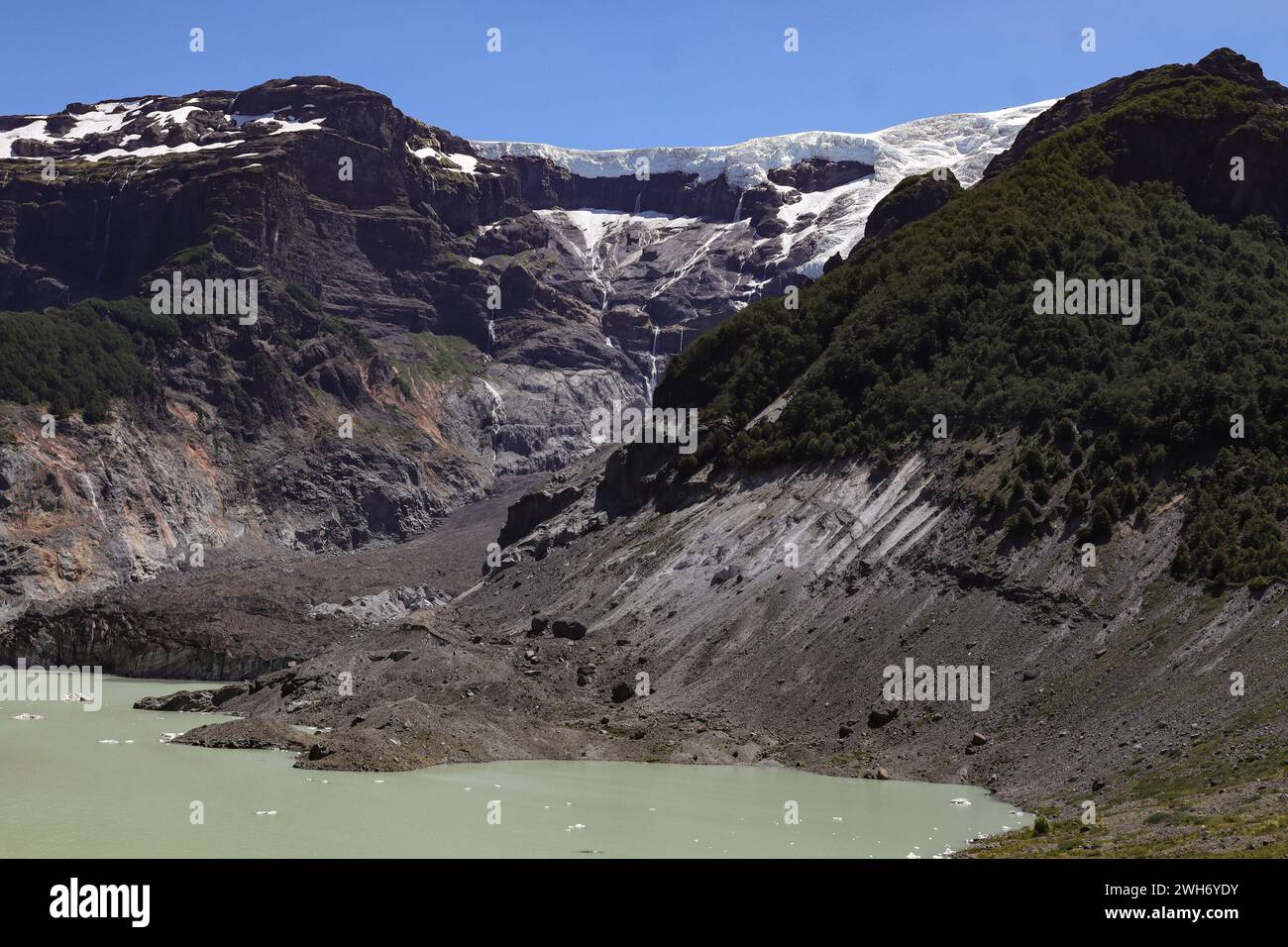 Bariloche, Argentina, 8th Feb 2023, View of Ventisquero Negro, Cerro Tronador and the Manso River in front of the Manso Glacier inside the National Pa Stock Photo