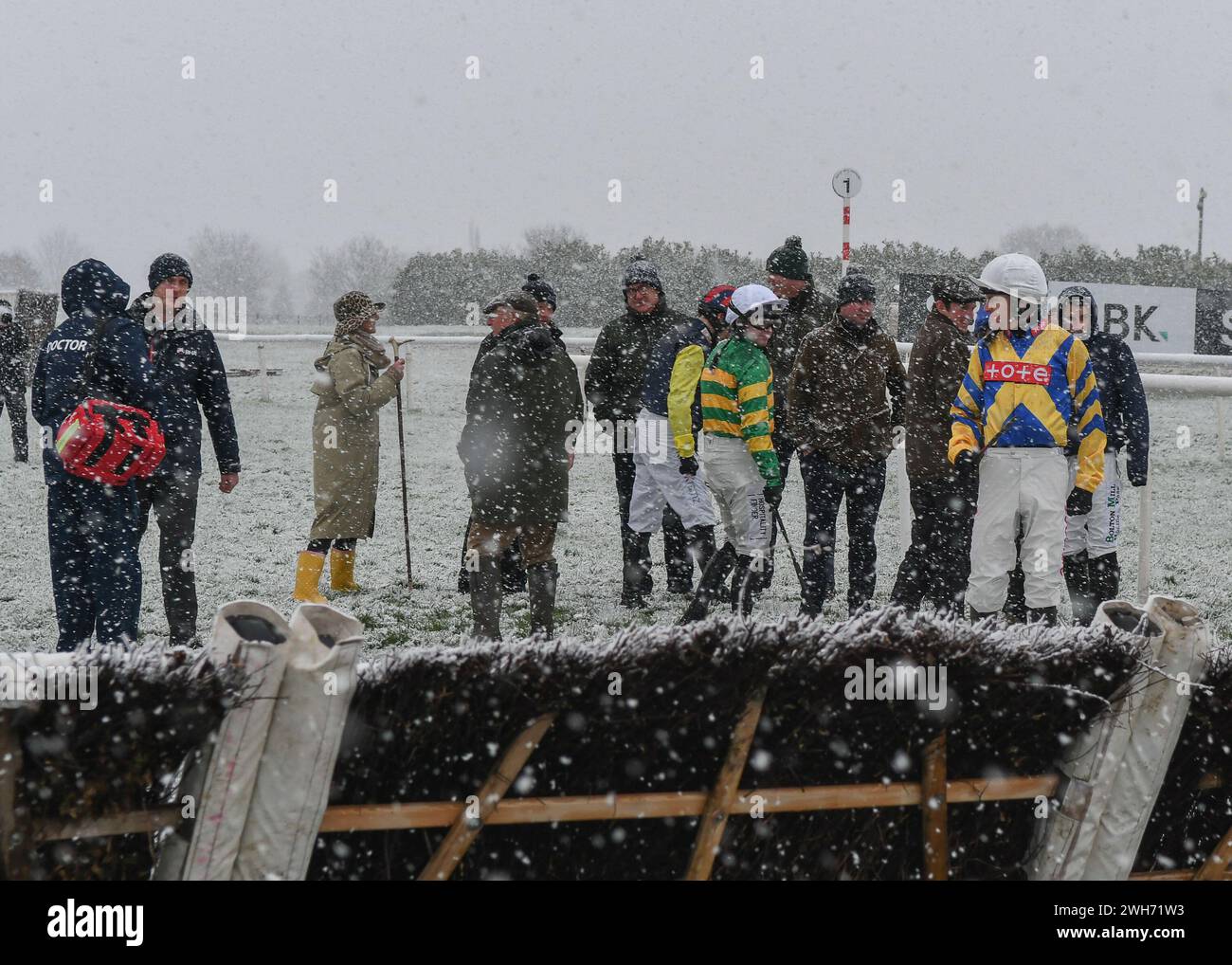 Jockeys and officials inspect Doncaster racecourse before abandoning the meeting on Thu 08 Feb 24 Stock Photo