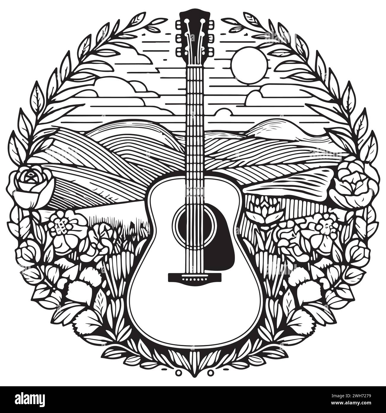 Acoustic guitar decorated with flowers, line art style emblem logo music theme spring hippie nature vacation Stock Vector