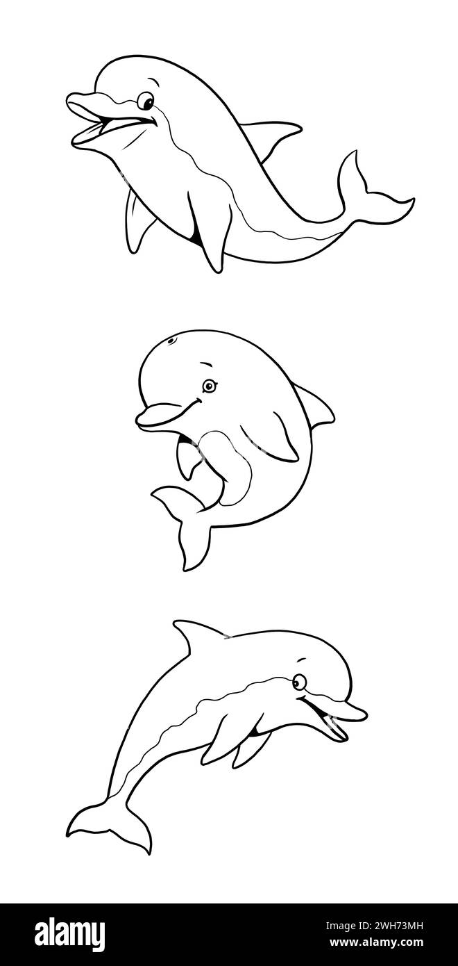 Set with three funny dolphins to color in. Template for a coloring book with funny animals. Coloring template for kids. Stock Photo
