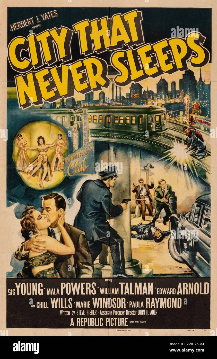 City That Never Sleeps (Republic, 1953) movie poster with all the ingredients for an action film Stock Photo