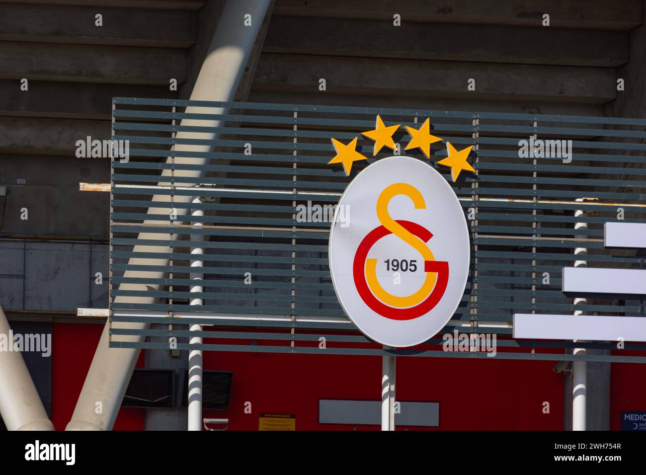 Galatasaray team's logo on the stadium walls. Istanbul Turkiye - 10.28.2023 Stock Photo