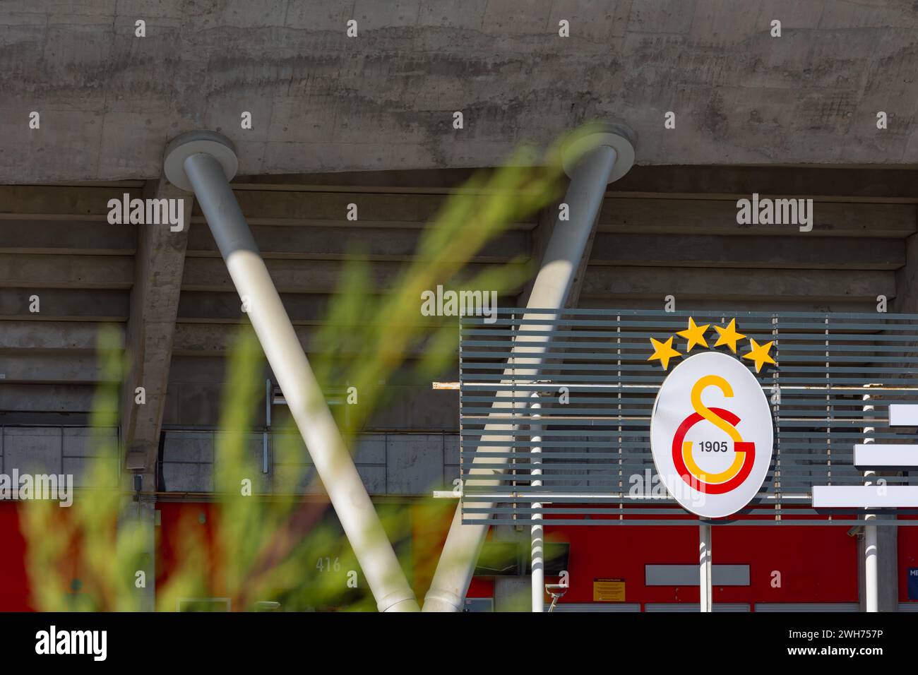 Logo of Galatasaray team on the walls of stadium. Istanbul Turkiye - 10.28.2023 Stock Photo