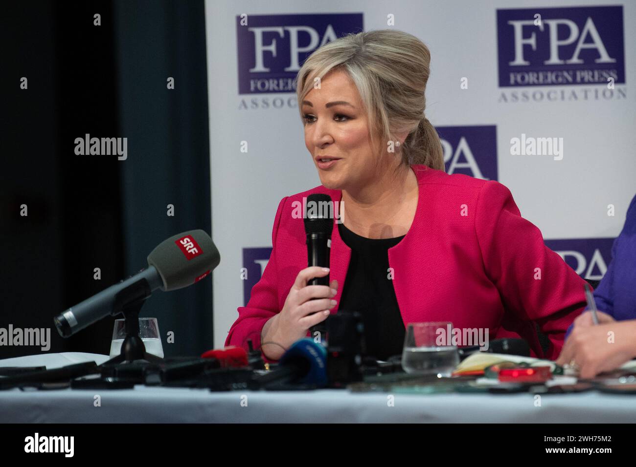 London, UK. 08 Feb 2024. Pictured: Newly elected Northern Ireland First Minister Michelle O'Neill speaks at a press conference organised by the The Foreign Press Association at The Royal Over-Seas League. Credit: Justin Ng/Alamy Stock Photo