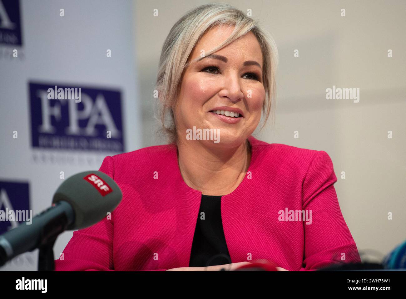 London, UK. 08 Feb 2024. Pictured: Newly elected Northern Ireland First Minister Michelle O'Neill speaks at a press conference organised by the The Foreign Press Association at The Royal Over-Seas League. Credit: Justin Ng/Alamy Stock Photo