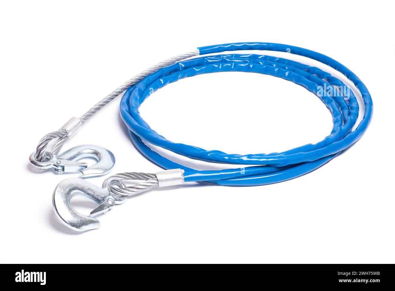 steel car tow rope with hooks in blue braid isolated on white background. Stock Photo
