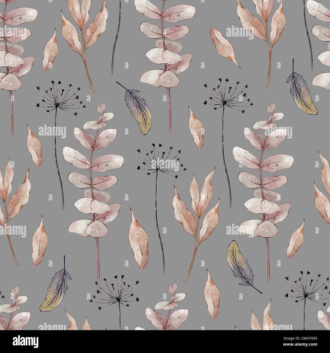 Watercolor floral seamless pattern with dried flowers, branches and ...