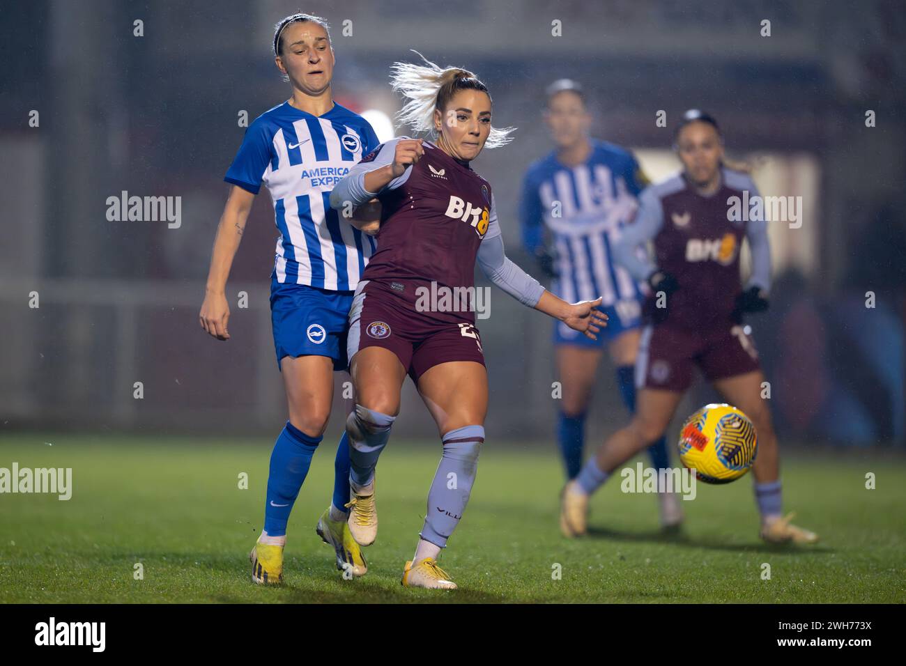 Crawley, UK. 7th February 2024.   Adriana Leon of Aston Villa Women battles for the ball with Julia Zigiotti Olme of Brighton & Hove Albion Women during The FA Women’s Continental Tyres League Cup Quarter Final match between Brighton & Hove Albion WFC and Aston Villa WFC at Broadfield Stadium in Crawley on 7th February 2024.   This image may only be used for Editorial purposes. Editorial use only.  Credit: Ashley Crowden/Alamy Live News Stock Photo