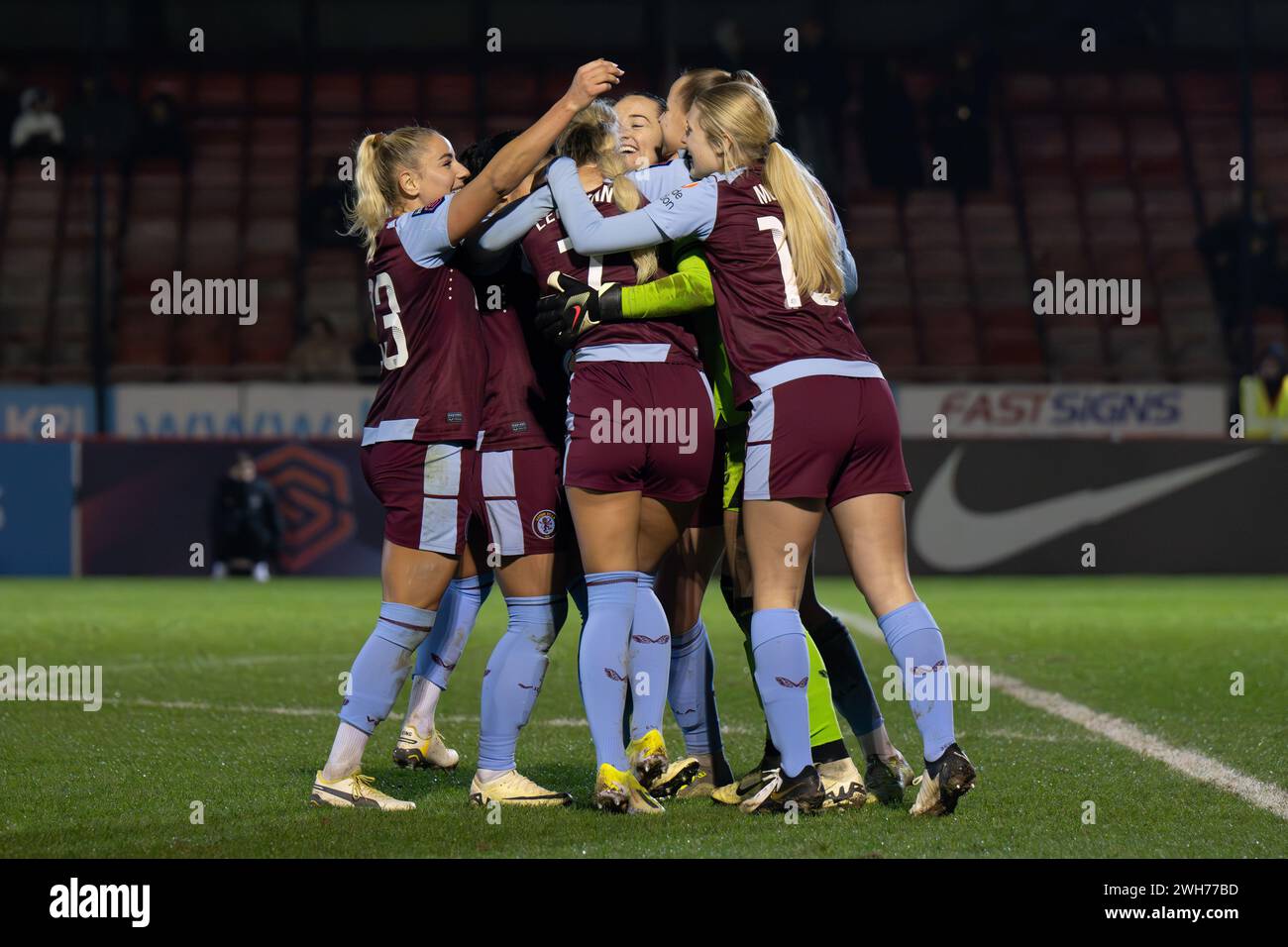 Crawley, UK. 7th February 2024.   Anna Patten of Aston Villa Women celebrates scoring the winning penalty with team mates during The FA Women’s Continental Tyres League Cup Quarter Final match between Brighton & Hove Albion WFC and Aston Villa WFC at Broadfield Stadium in Crawley on 7th February 2024.   This image may only be used for Editorial purposes. Editorial use only.  Credit: Ashley Crowden/Alamy Live News Stock Photo