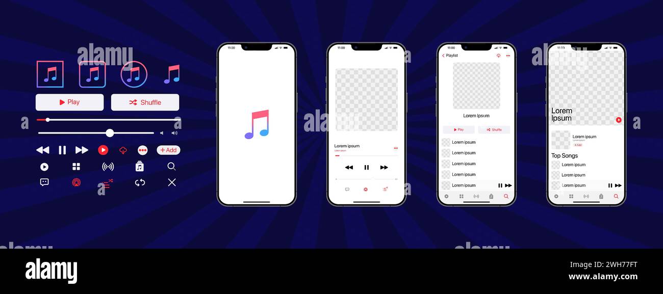 Apple music mockup. Music app. Application template on Iphone mockup. Subscription music player. Profile, Song, Album, Playlist. Pause, note, search, Stock Vector