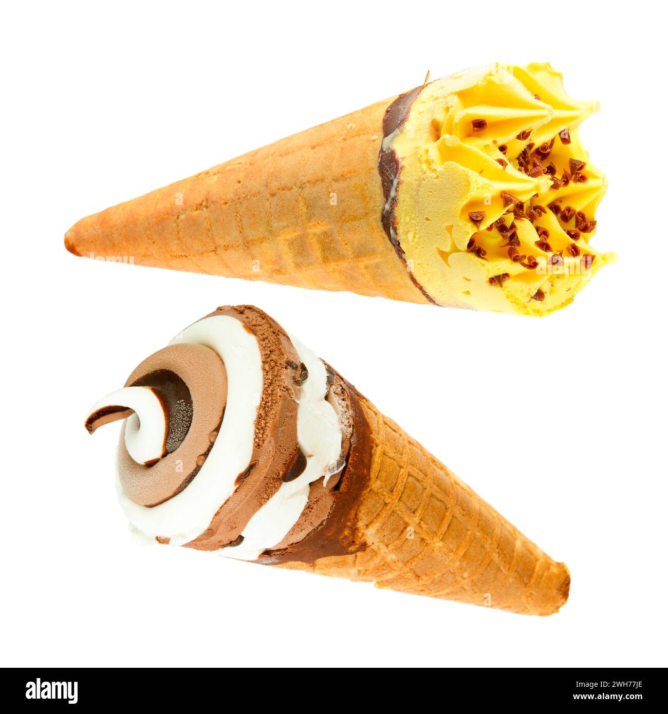 Ice cream in waffle cone with walnut isolated on white background. Stock Photo