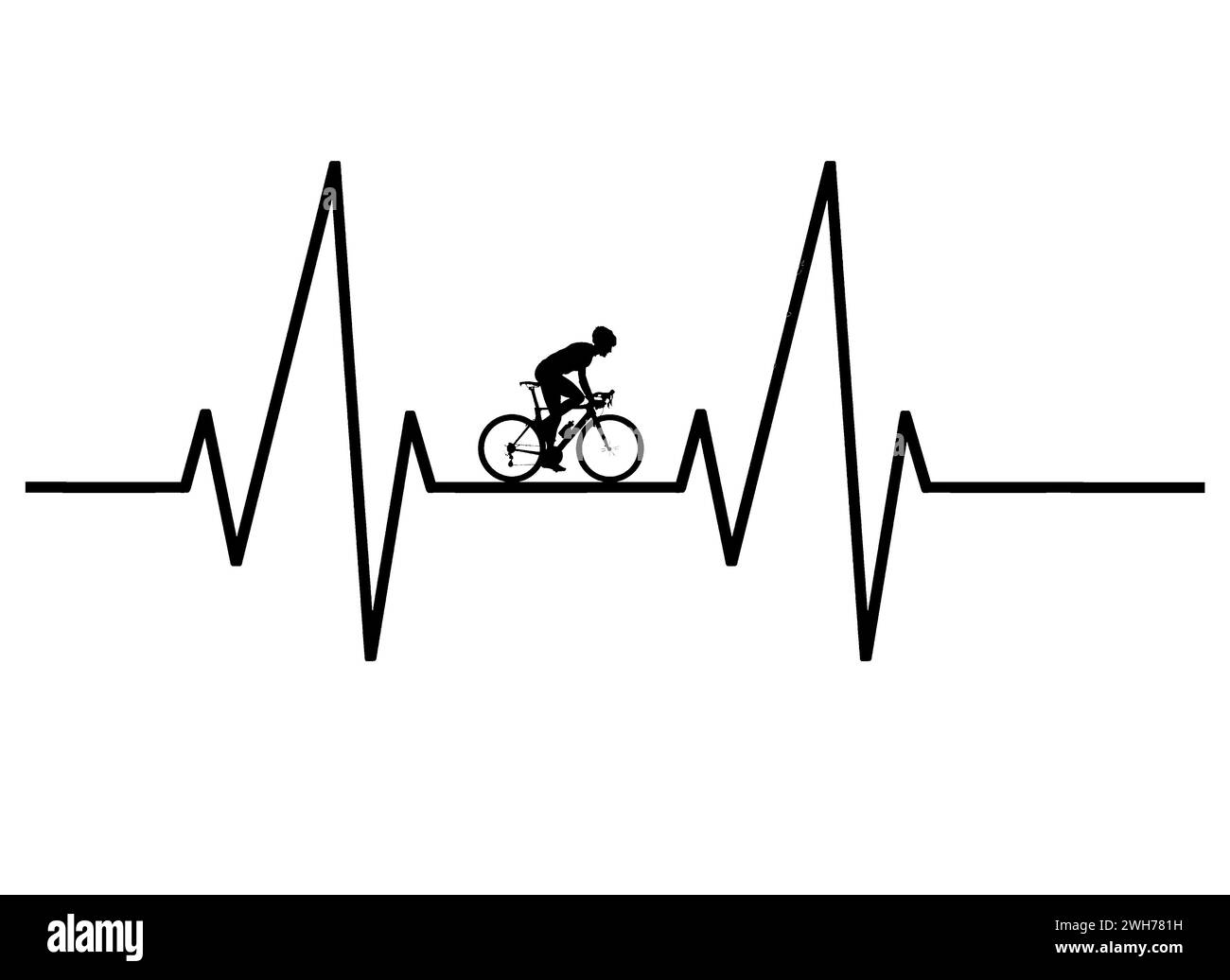 A cyclist on his bicycle is seen on an EKG graph line in this illustration about exercese and heart health. Stock Photo