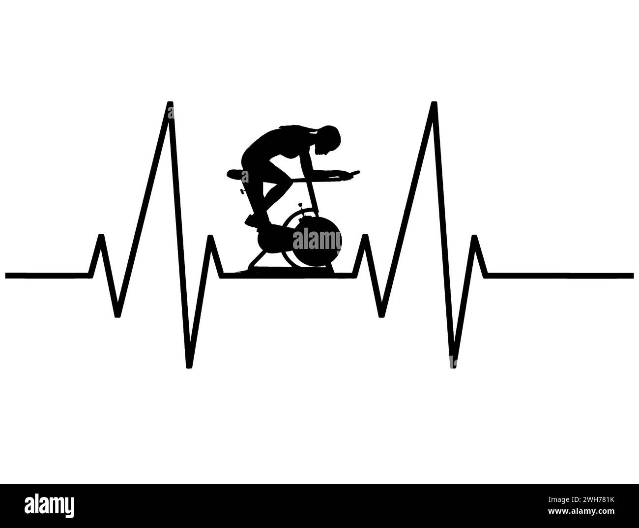 A woman on a stationary bike at the gym works out on a background of an EKG chart in this illustration about health and heart health. Stock Photo