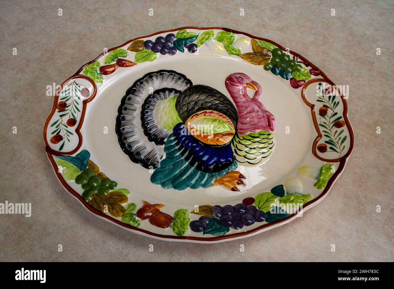 A vintage ceramic Thanksgiving turkey serving platter. Stock Photo