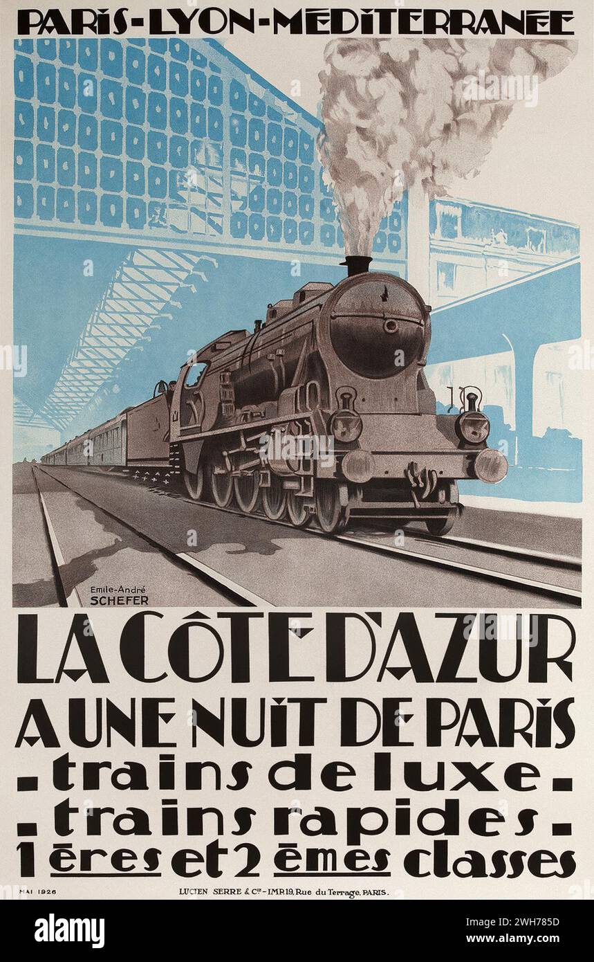 Paris Lyon Mediterranee - PLM poster - La Cote D'Azur - French Riviera- locomotive - train poster - 1926 van Emile-André Schefer (1896-1942) artwork Stock Photo