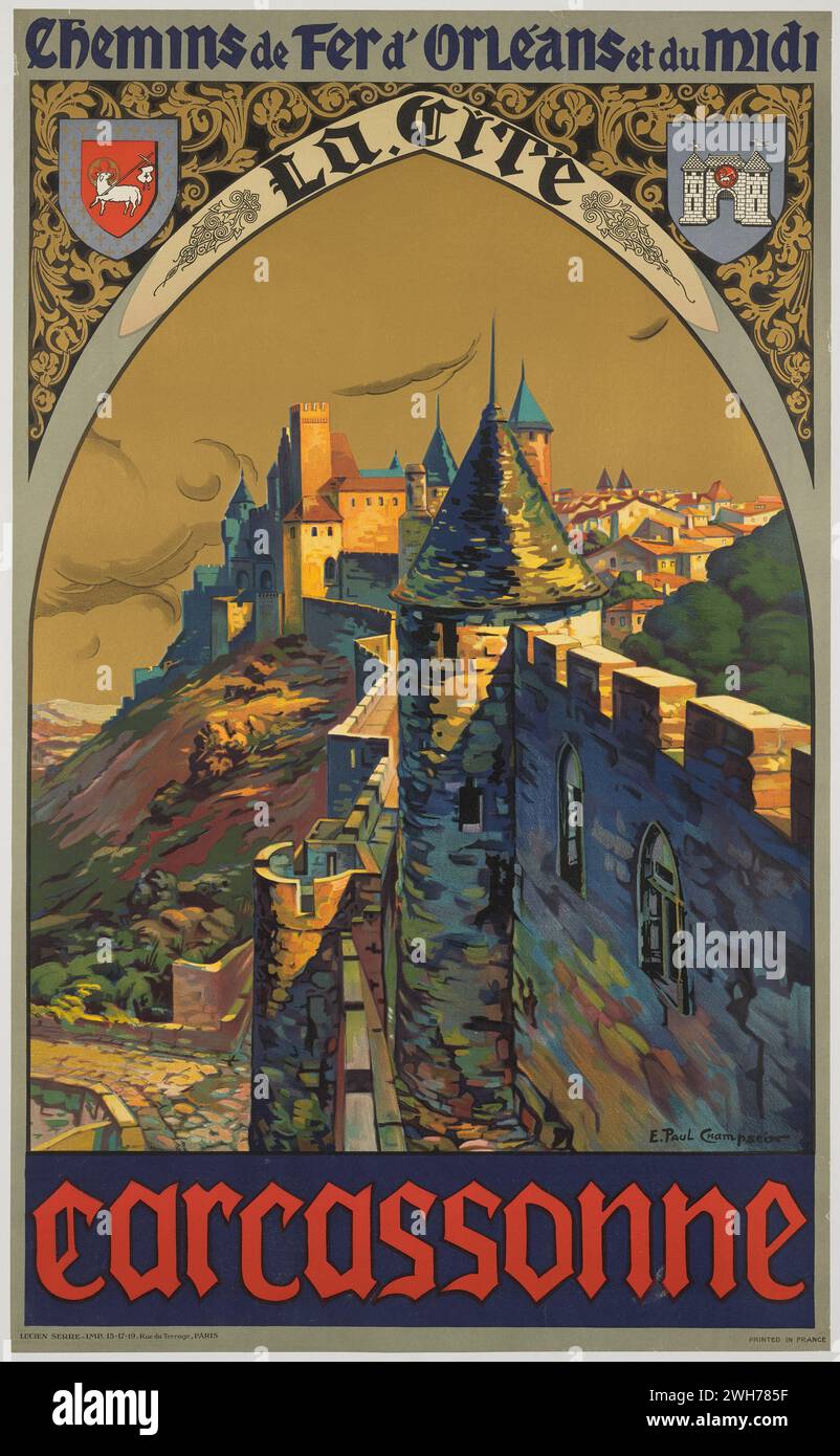 Railroad poster - Carcassonne - Chemin de fer de Paris à Orléans. La Cité - E. Paul Champseix artwork - French Travel poster 1923 Stock Photo