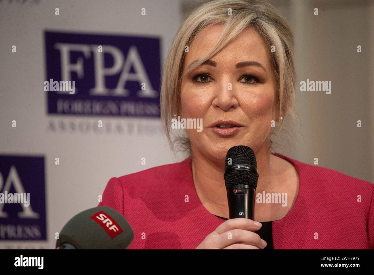 London, England, UK. 8th Feb, 2024. First Minister ofNorthern Ireland MICHELLE O'NEILL is seen speaking at Foreign Press Association briefing. (Credit Image: © Tayfun Salci/ZUMA Press Wire) EDITORIAL USAGE ONLY! Not for Commercial USAGE! Stock Photo