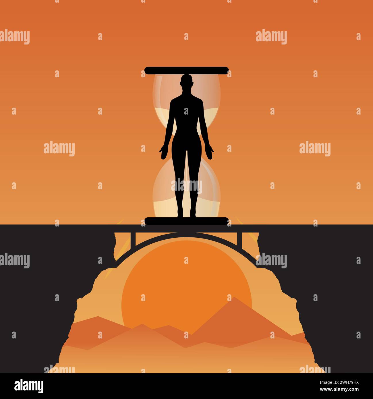 Silhouette of a person on a bridge with an hourglass behind him, human aging process concept Stock Vector
