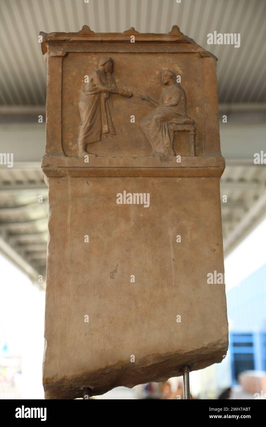 Funery Stele of Archeptolemos from Kephale (Keratea) found at Kantza during excavations in view of the Freeway 4th Century BC outside Athens Greece At Stock Photo