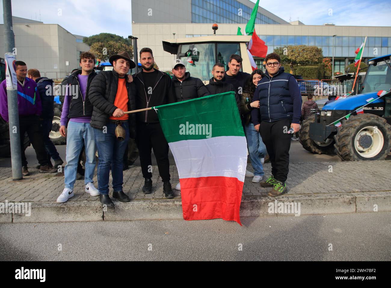 Avellino, Italy - February 07, 2024: On the morning of February 04 in Avellino, farmers from various municipalities in the province of Avellino with their tractors went to the headquarters of the Offices of the Campania Region, to demonstrate their disappointment against the European Community's agricultural policies. A meeting with local authorities to express their opposition to what Italy and Europe is about to apply as agricultural policies.From 22 January 2024 throughout Italy there are protests from farmers who with their tractors have pushed to make their voice of disappointment heard. Stock Photo