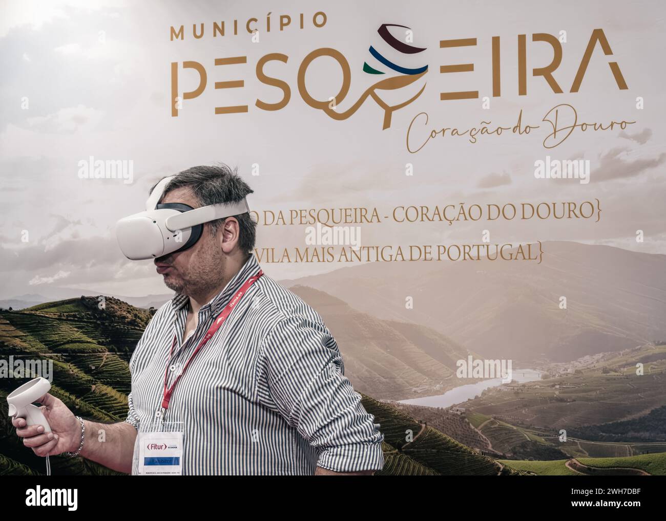 Madrid, Spain, January 25th: Experiencing the virtual reality in São João da Pesqueira's stand at Fitur Stock Photo