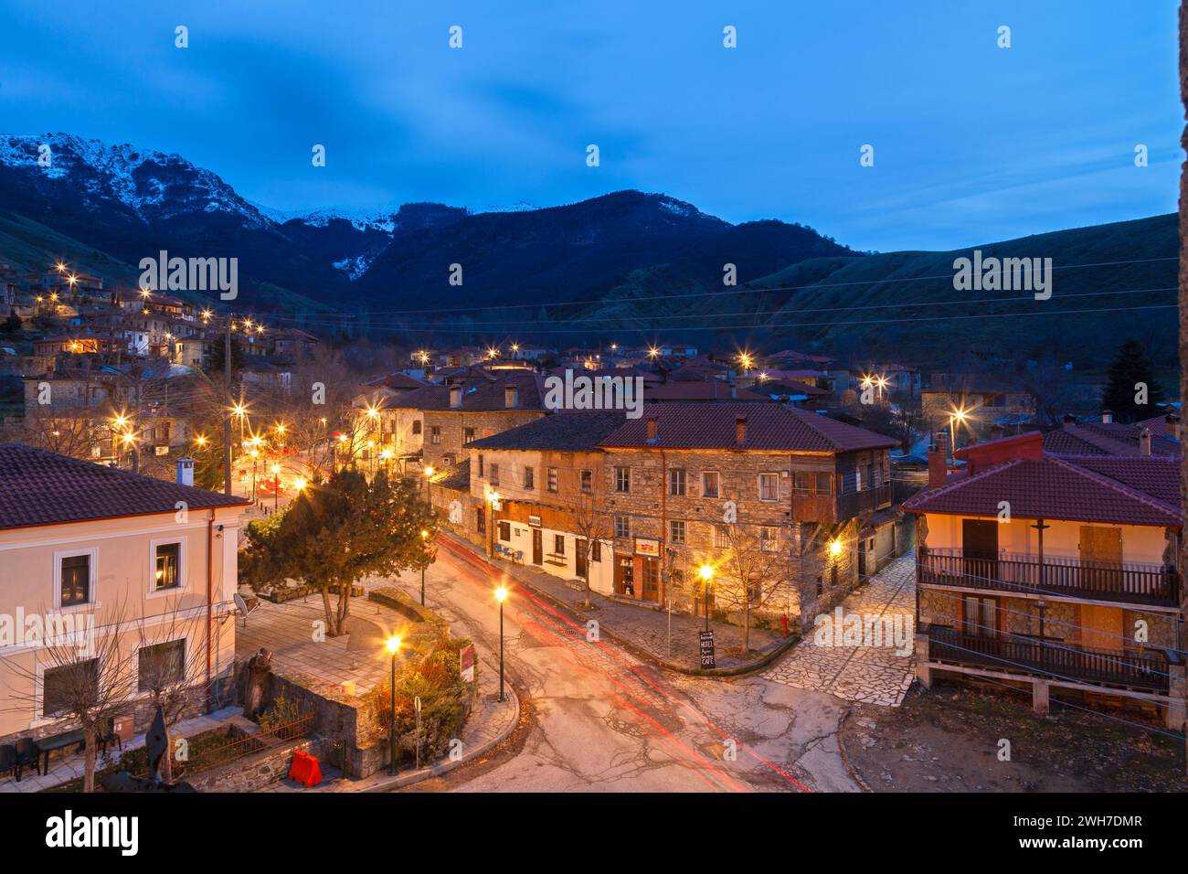 Agios Germanos during blue hour, a beautiful traditional village in northern Greece, close to the Prespes lakes and the border to North Macedonia. Stock Photo