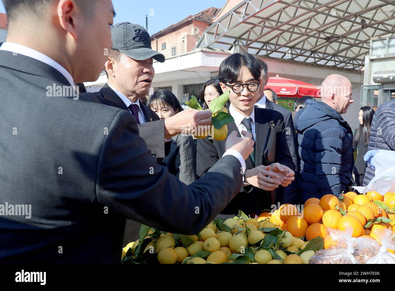 Zagreb, Croatia. 08th Feb, 2024. The President of the National Assembly of the Republic of Korea, Kim Jin-pyo, who is on an official visit to the Republic of Croatia, walked through the center of Zagreb. During the tour, he bought a hat in the souvenir shop on the Bloody Bridge, and a few lemons at the Dolac market, which he tried to pay with a card, but failed because that stand only accepts cash in Zagreb, Croatia on 8 February, 2024. Photo: Patrik Macek/PIXSELL Credit: Pixsell/Alamy Live News Stock Photo