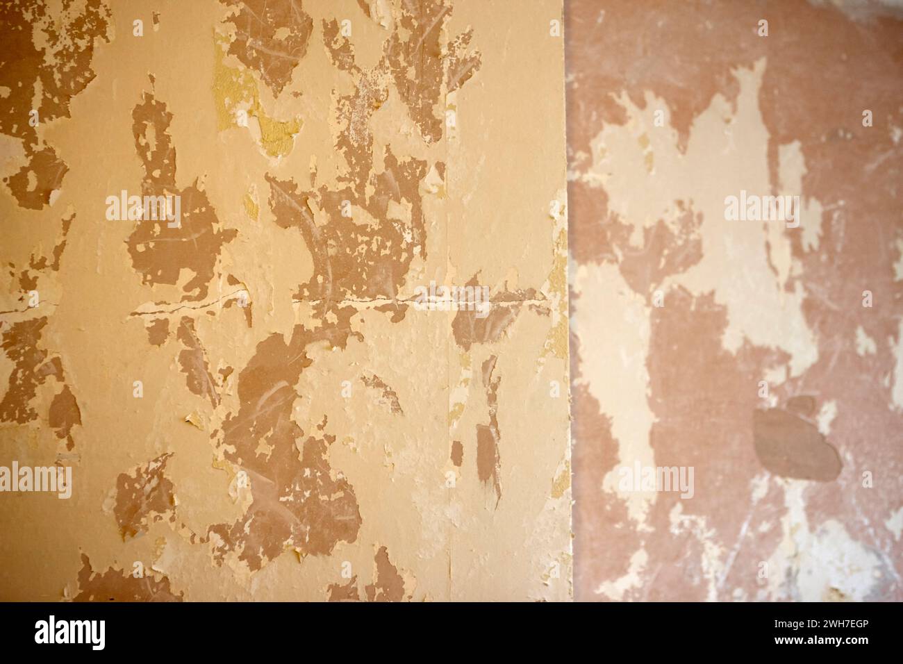 old stripped wallpaper and lining paper on cracked plaster wall during