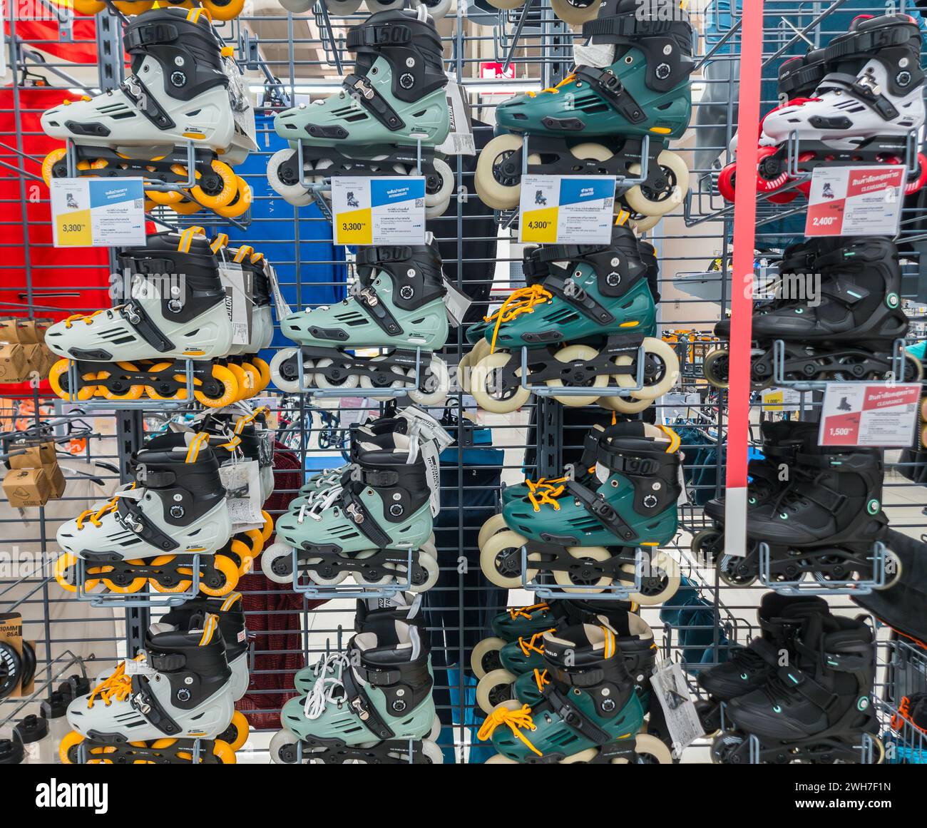 Bangkok, Thailand January 21, 2024 Roller skates on shelves in the sports shop Stock Photo