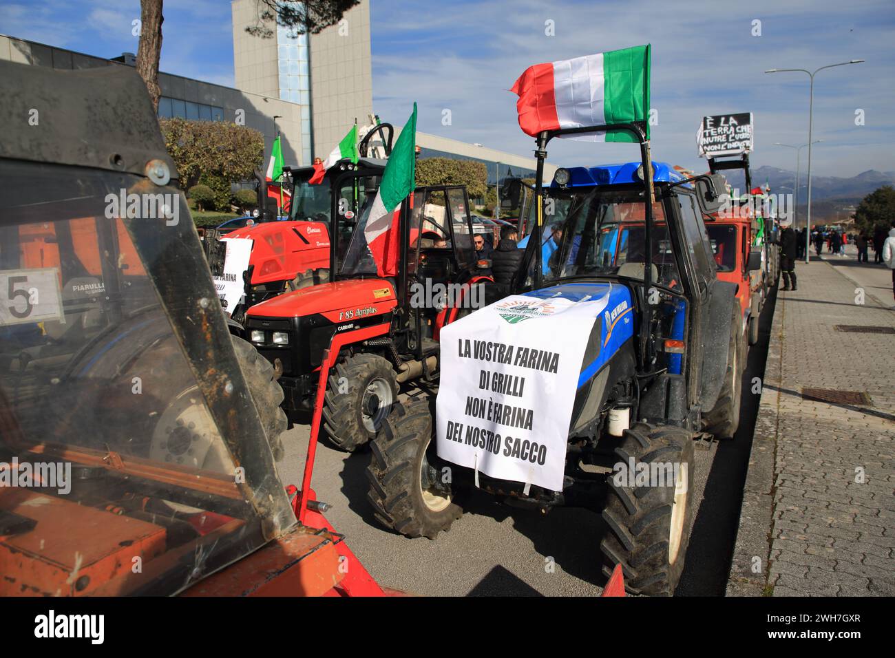 February 7, 2024, Avellino, Campania/Avellino, Italy: Avellino, Italy - February 07, 2024: On the morning of February 04 in Avellino, farmers from various municipalities in the province of Avellino with their tractors went to the headquarters of the Offices of the Campania Region, to demonstrate their disappointment against the European Community's agricultural policies. A meeting with local authorities to express their opposition to what Italy and Europe is about to apply as agricultural policies.From 22 January 2024 throughout Italy there are protests from farmers who with their tractor Stock Photo