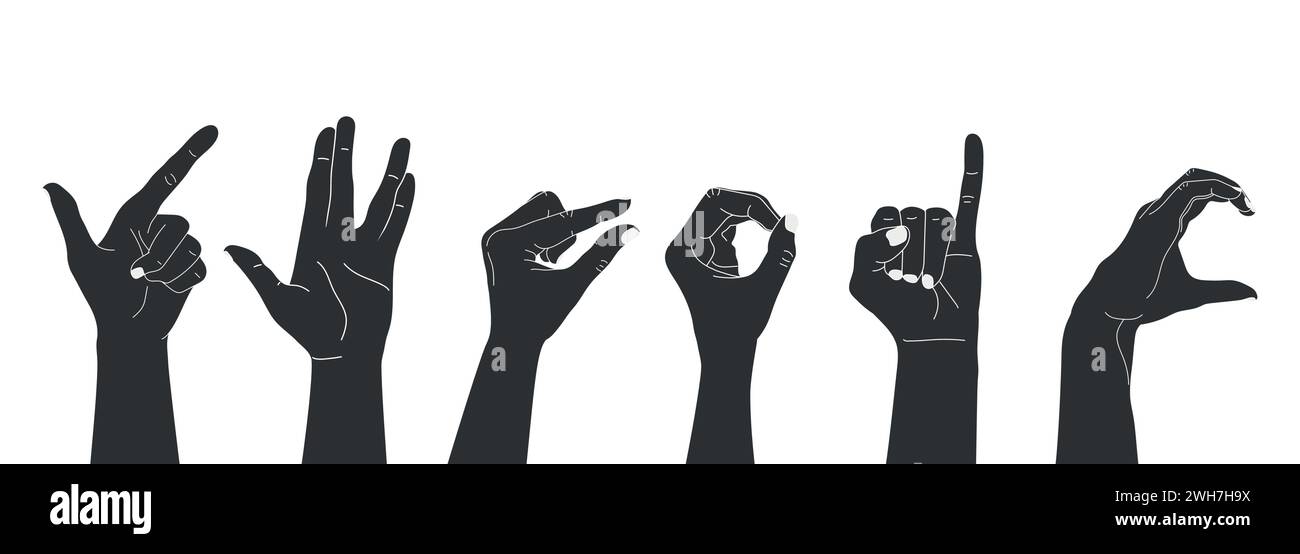Set of raised human hands silhouettes showing different gestures. Vector illustration Stock Vector