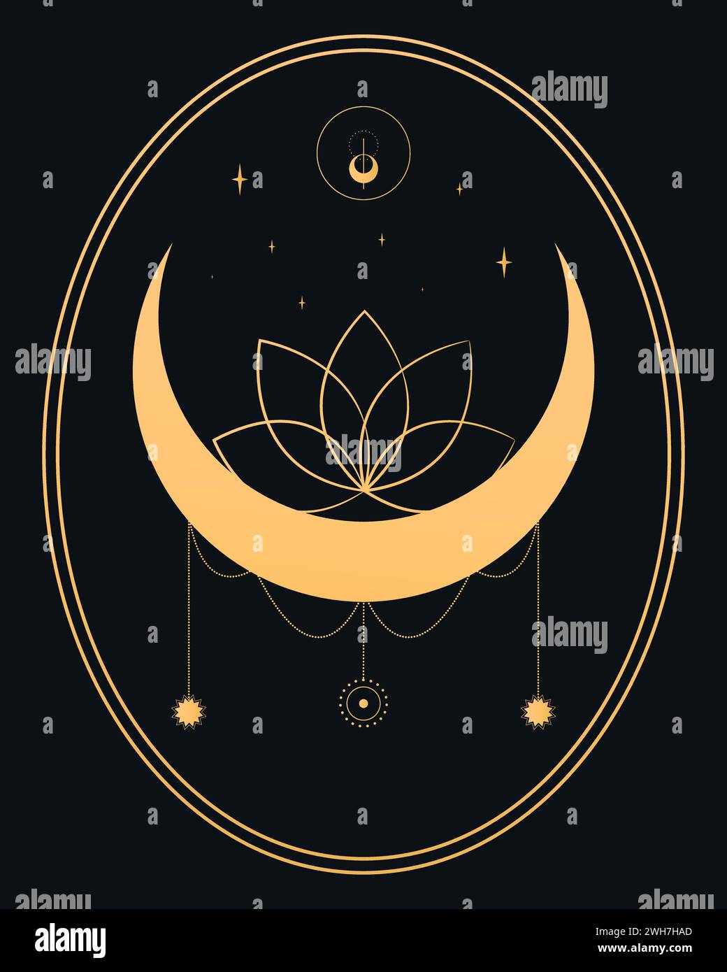 Abstract celestial emblem with a crescent, lotus flower and stars ...