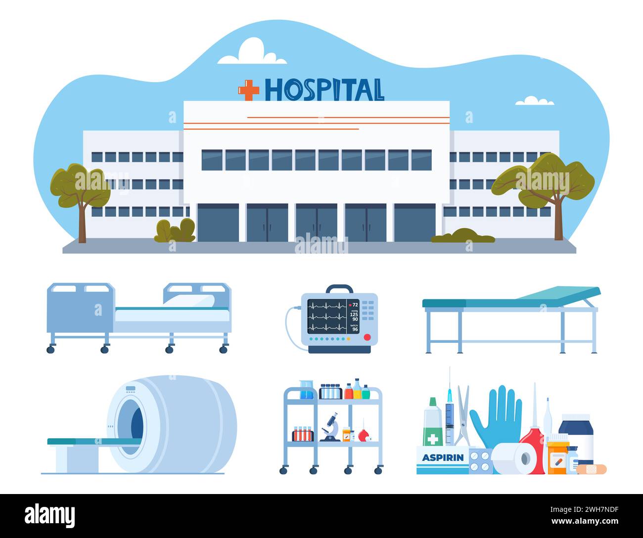 Hospital building, medical devices. Hospital furniture, tools, drugs, equipment for treatment and diagnosis. Healthcare icons set. Vector illustration Stock Vector