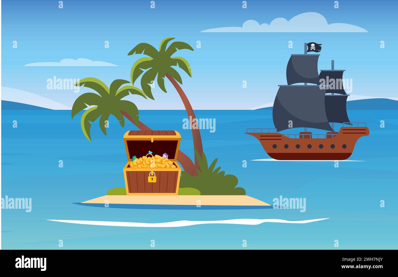 Tropical island with treasure chest and pirate ship near the island ...
