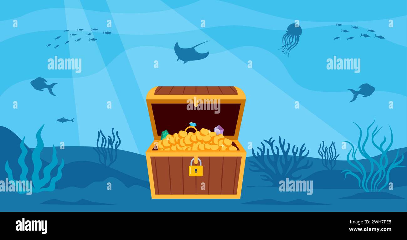 Underwater scenery with open pirate treasure chest on bottom. Vector ...