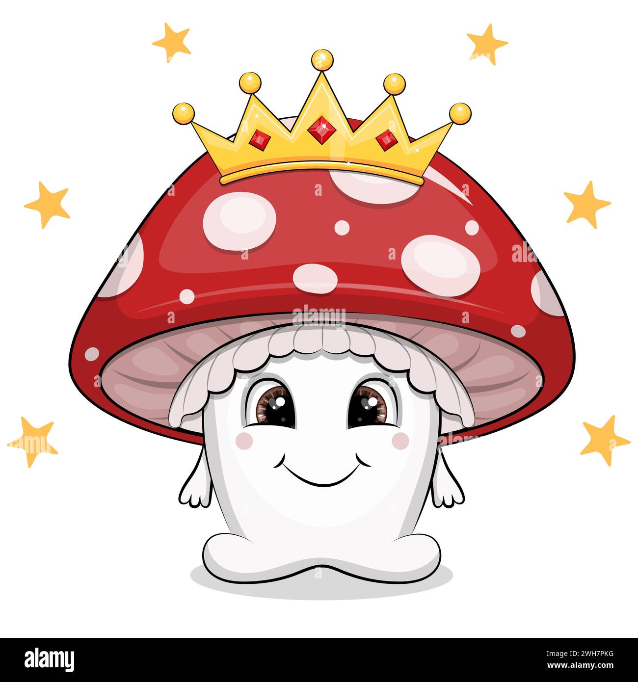 Cute cartoon red mushroom king with golden crown. Vector illustration