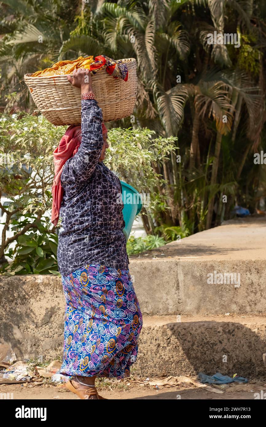 Woman carrying a basket on her head, Goa India. Indian woman with big ...