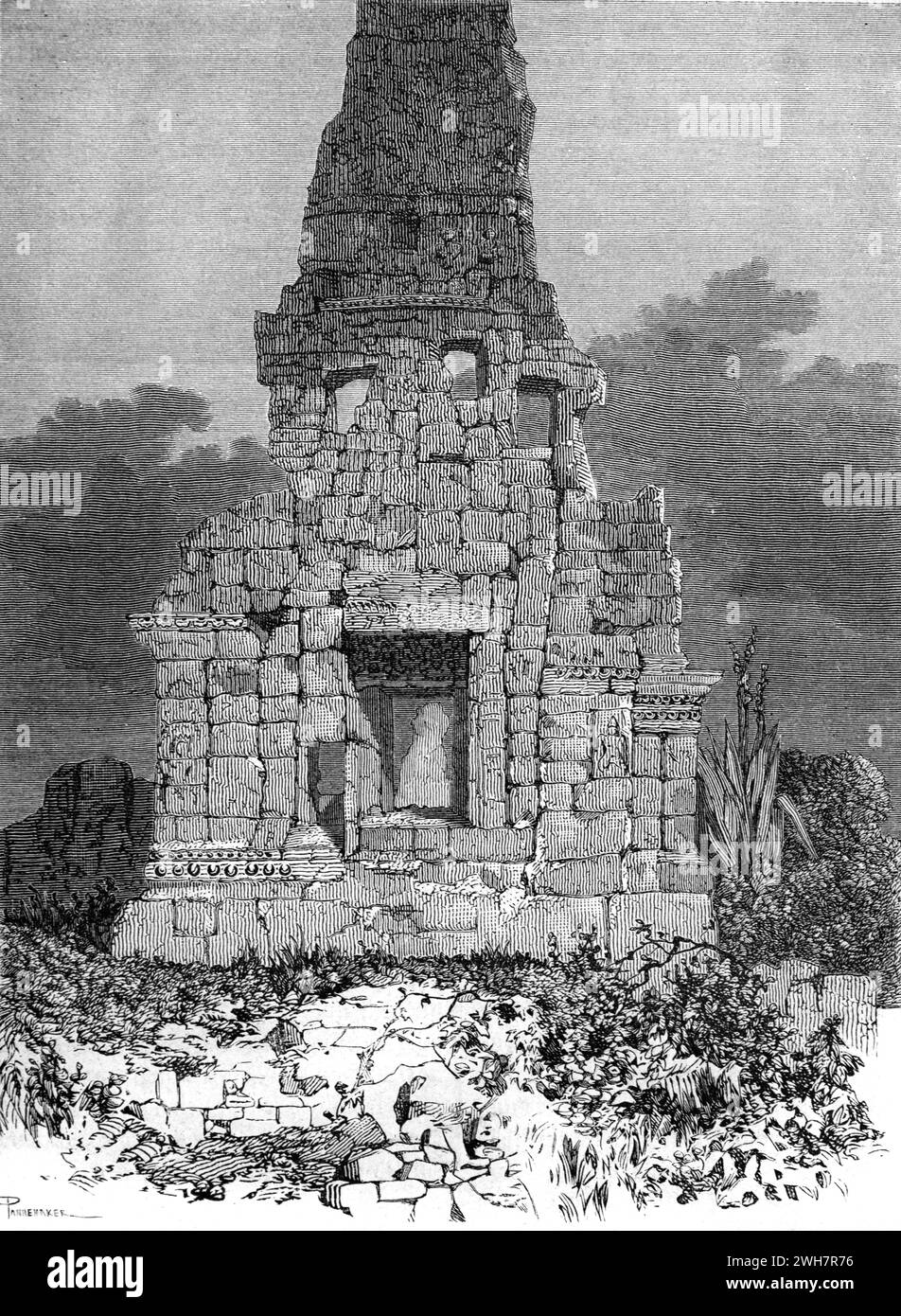 Prasat Banan Temple, aka Phnom Banan or Banome Tower, near  Battambang Cambodia. Vintage or Historic Engraving or Illustration 1863 Stock Photo
