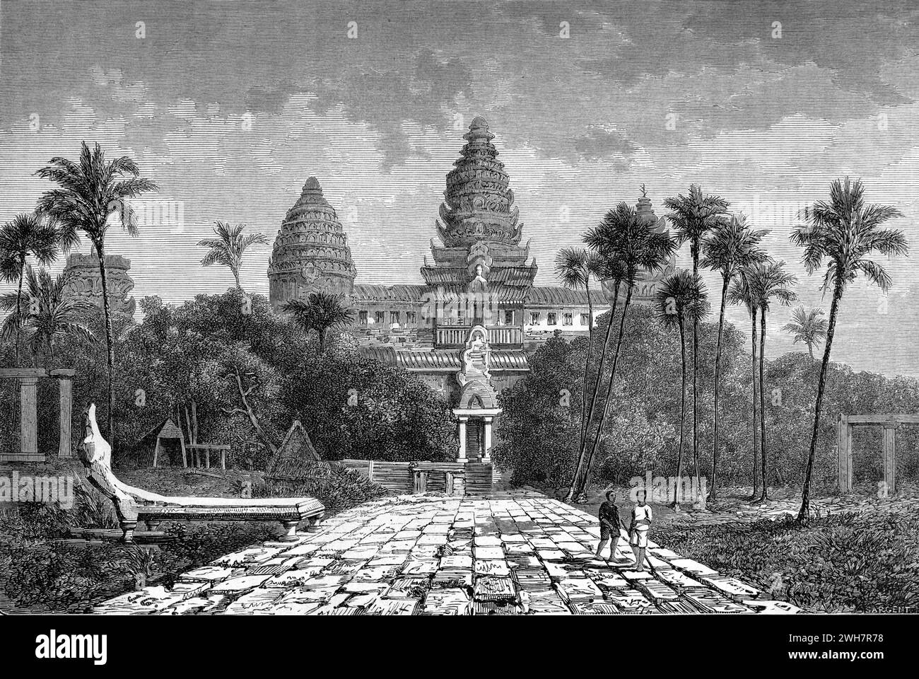 Main Entrance to Angkor Wat, the City of Temples, a Hindu-Buddhist Temple Complex, Angkor Cambodia. Vintage or Historic Engraving or Illustration 1863 Stock Photo