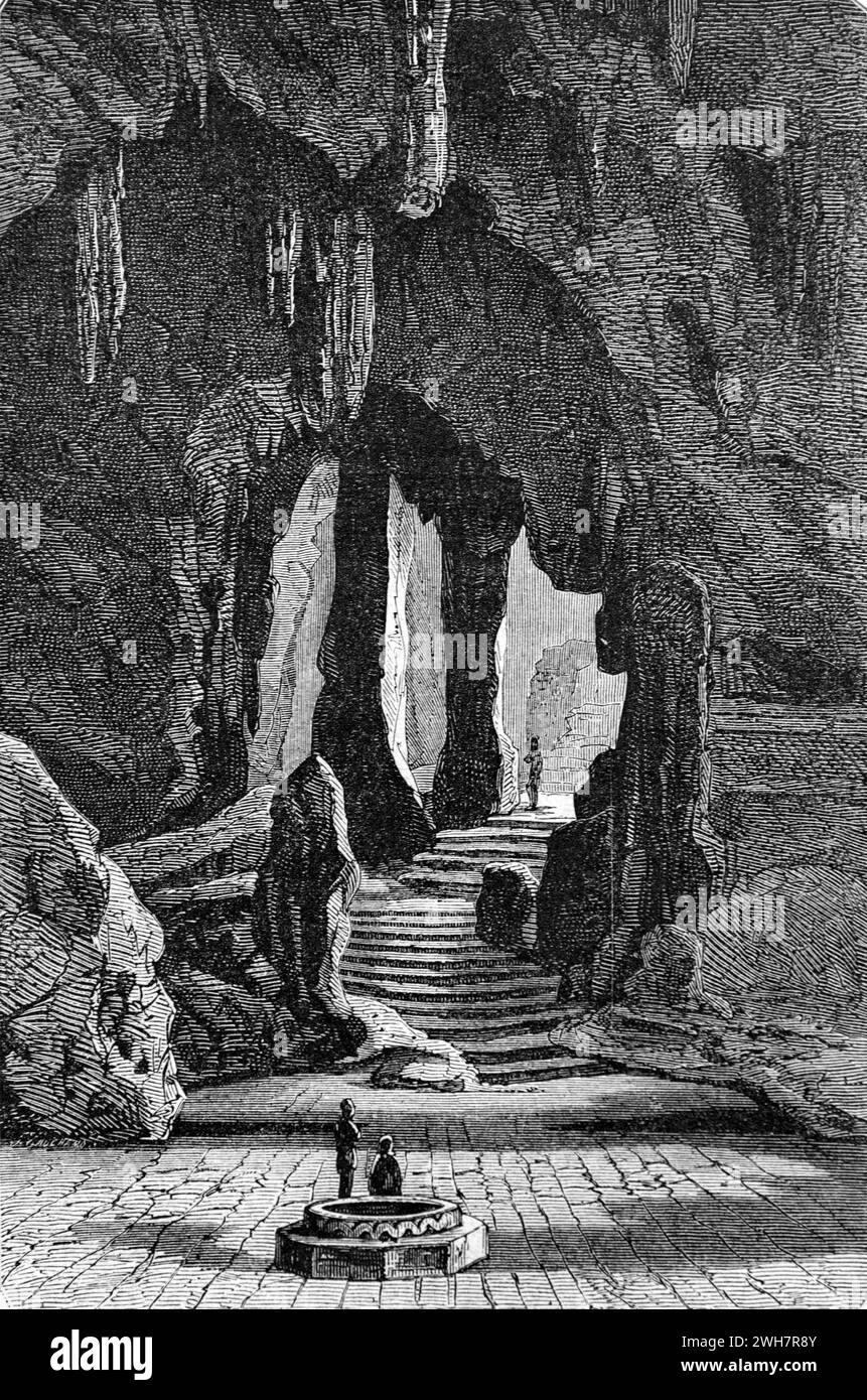 Tham Khao Luang Cave Temple or Caves at Petchaburi or Phet Buri Thailand. Vintage or Historic Engraving or Illustration 1863 Stock Photo