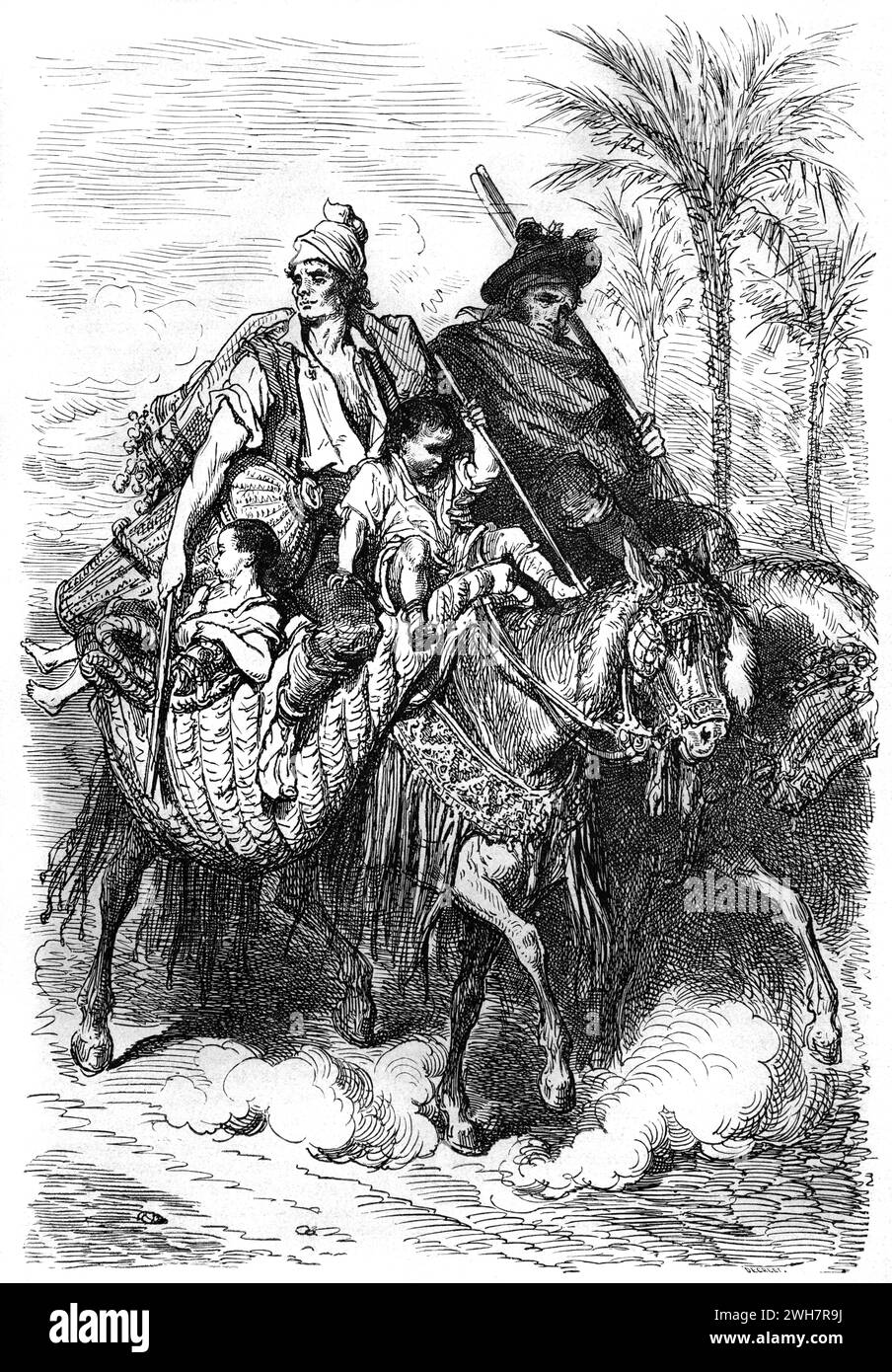 Spanish Peasants, Peasant Family or Poor Family Riding Horseback or on Donkeys on Dusty Road near Carcaixent Valencia Spain. Vintage or Historic Engraving or Illustration by Gustave Doré 1863 Stock Photo