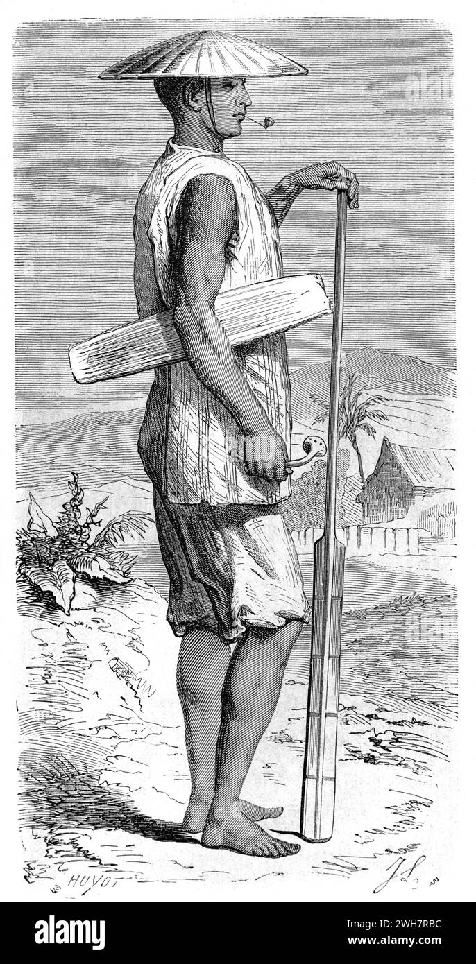Lao or Laotian Man Wearing Traditional Clothes & Asian Conical Hat or Coolie Hat & Holding Paddle Laos. Vintage or Historic Engraving or Illustration 1863 Stock Photo